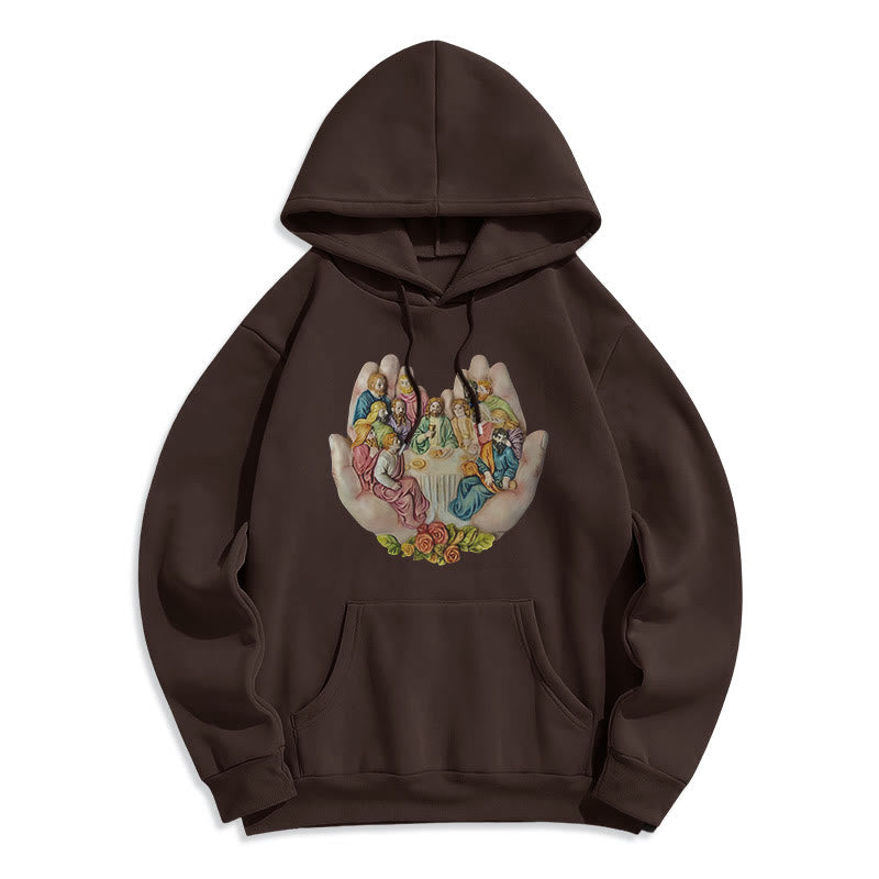 Modern Colored Style Last Supper in God's Hands Fleece Lined Polyester Hoodie