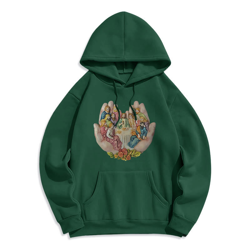 Modern Colored Style Last Supper in God's Hands Fleece Lined Polyester Hoodie
