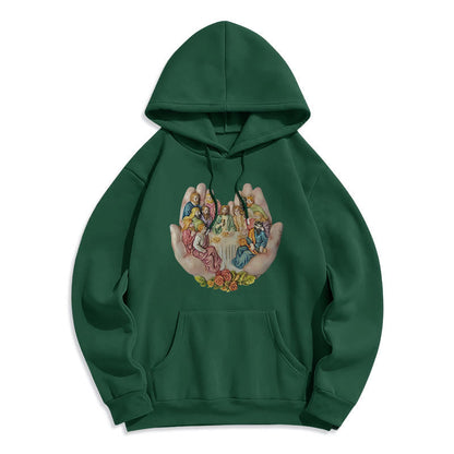 Modern Colored Style Last Supper in God's Hands Fleece Lined Polyester Hoodie