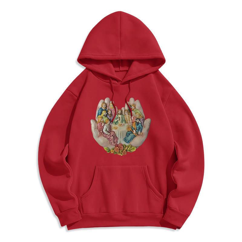 Modern Colored Style Last Supper in God's Hands Fleece Lined Polyester Hoodie