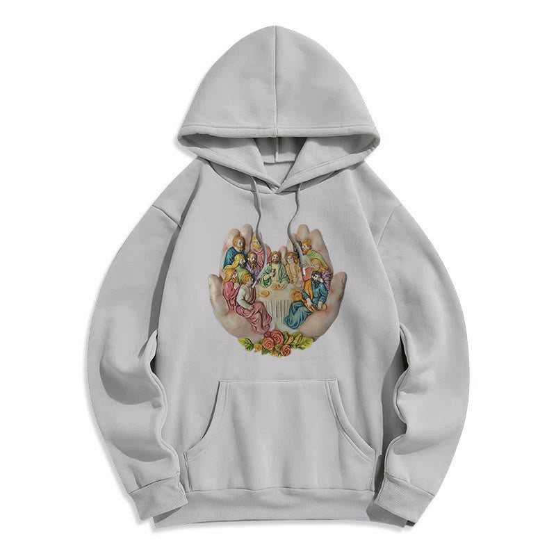 Modern Colored Style Last Supper in God's Hands Fleece Lined Polyester Hoodie