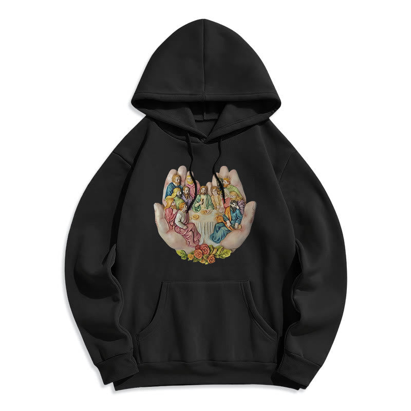 Modern Colored Style Last Supper in God's Hands Fleece Lined Polyester Hoodie