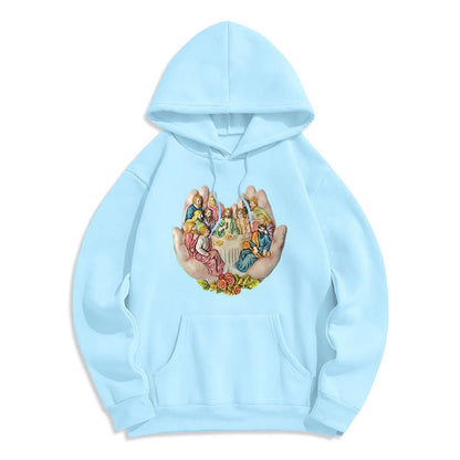 Modern Colored Style Last Supper in God's Hands Fleece Lined Polyester Hoodie