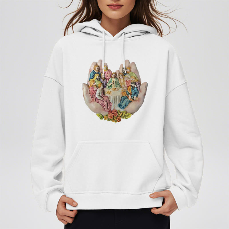 Modern Colored Style Last Supper in God's Hands Fleece Lined Polyester Hoodie