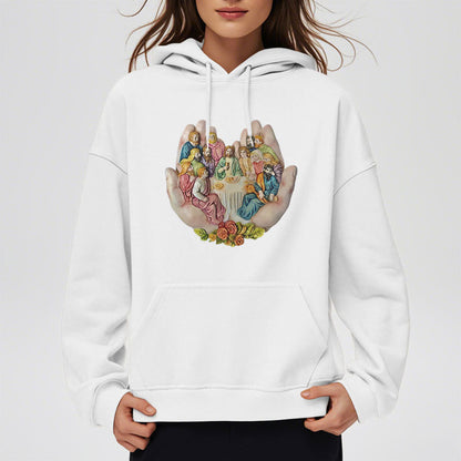 Modern Colored Style Last Supper in God's Hands Fleece Lined Polyester Hoodie