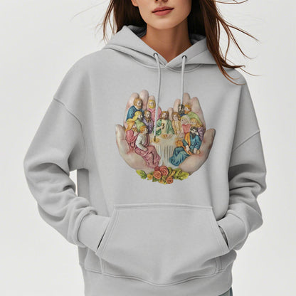 Modern Colored Style Last Supper in God's Hands Fleece Lined Polyester Hoodie