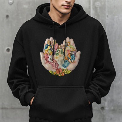 Modern Colored Style Last Supper in God's Hands Fleece Lined Polyester Hoodie