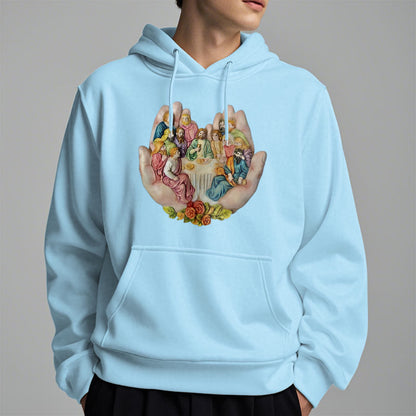 Modern Colored Style Last Supper in God's Hands Fleece Lined Polyester Hoodie