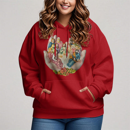 Modern Colored Style Last Supper in God's Hands Fleece Lined Polyester Hoodie