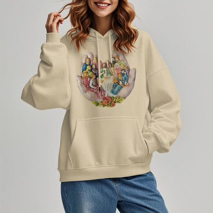 Modern Colored Style Last Supper in God's Hands Fleece Lined Polyester Hoodie
