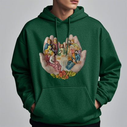 Modern Colored Style Last Supper in God's Hands Fleece Lined Polyester Hoodie