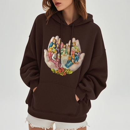 Modern Colored Style Last Supper in God's Hands Fleece Lined Polyester Hoodie