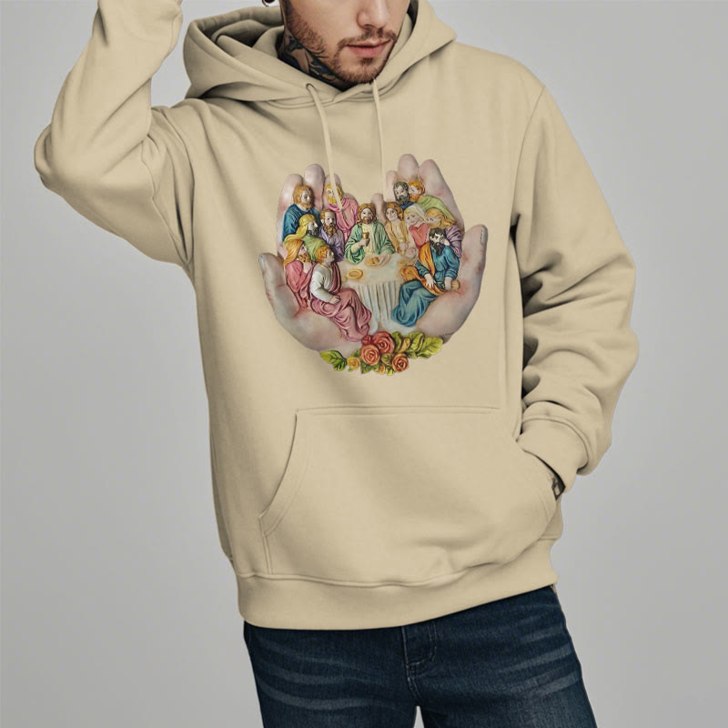 Modern Colored Style Last Supper in God's Hands Fleece Lined Polyester Hoodie