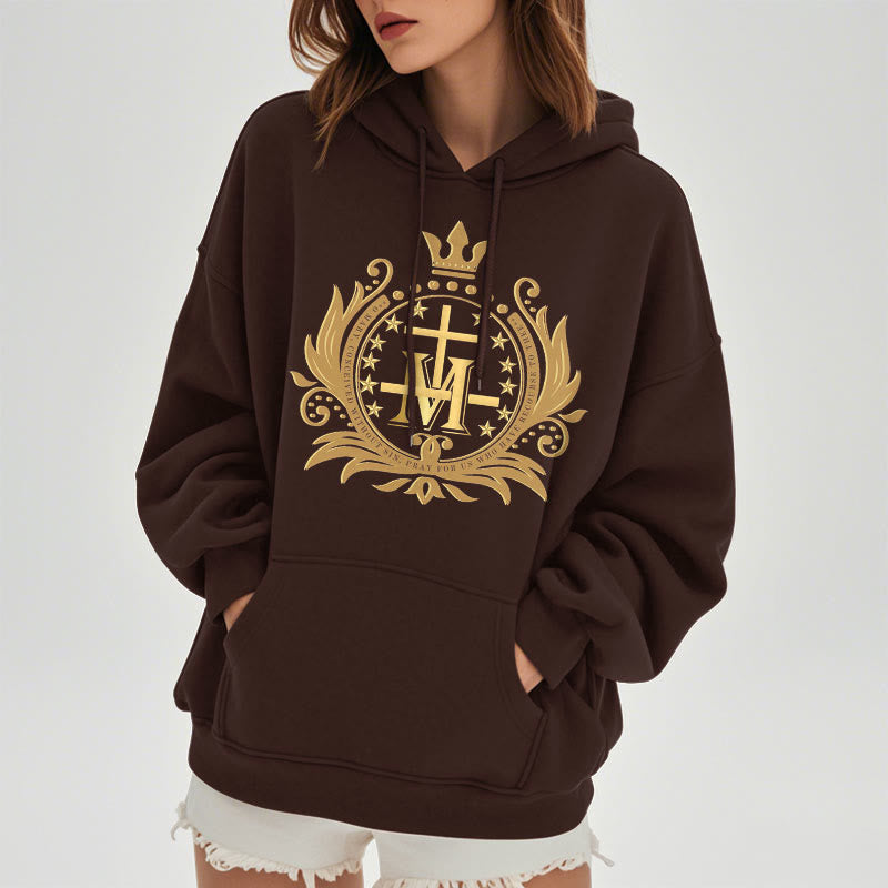 Classic Style Crowned Cross Virgin Mary Fleece Lined Polyester Hoodie