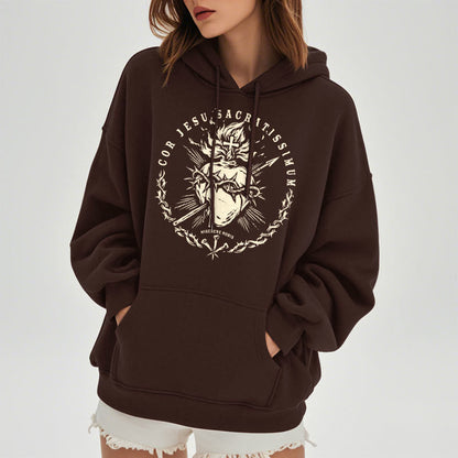 Classic Style Sacred Heart of Jesus Fleece Lined Polyester Hoodie