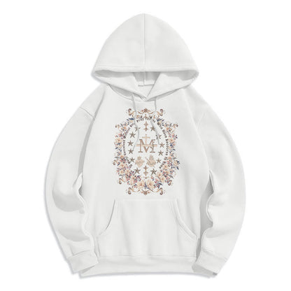 Modern Style Floral Cross Virgin Mary Fleece Lined Polyester Hoodie