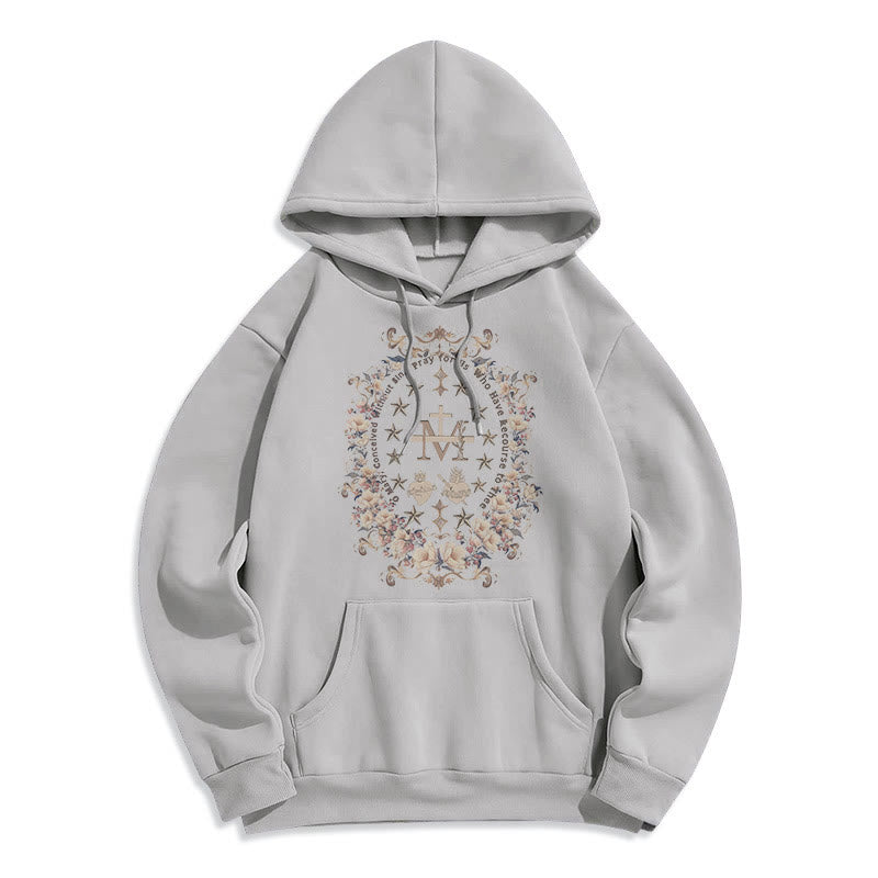 Modern Style Floral Cross Virgin Mary Fleece Lined Polyester Hoodie