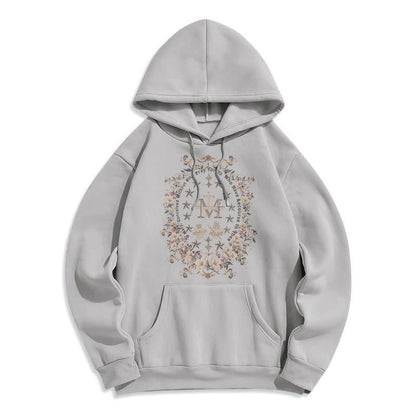 Modern Style Floral Cross Virgin Mary Fleece Lined Polyester Hoodie