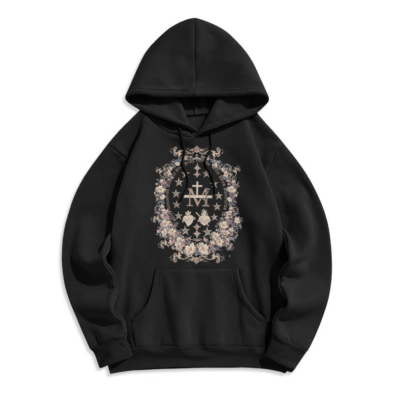 Modern Style Floral Cross Virgin Mary Fleece Lined Polyester Hoodie