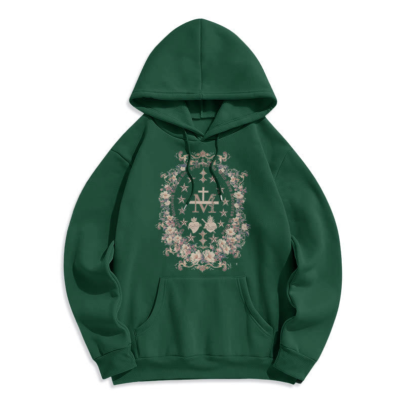 Modern Style Floral Cross Virgin Mary Fleece Lined Polyester Hoodie