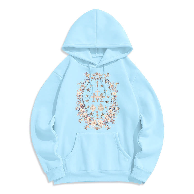 Modern Style Floral Cross Virgin Mary Fleece Lined Polyester Hoodie
