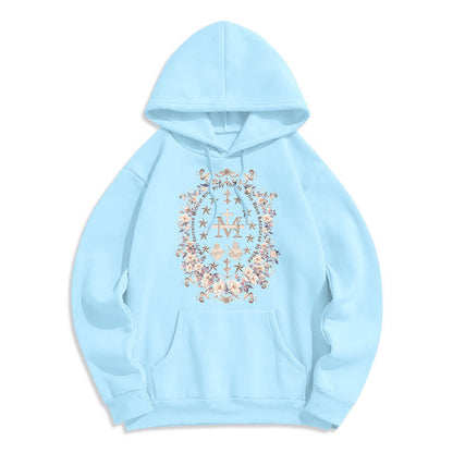 Modern Style Floral Cross Virgin Mary Fleece Lined Polyester Hoodie