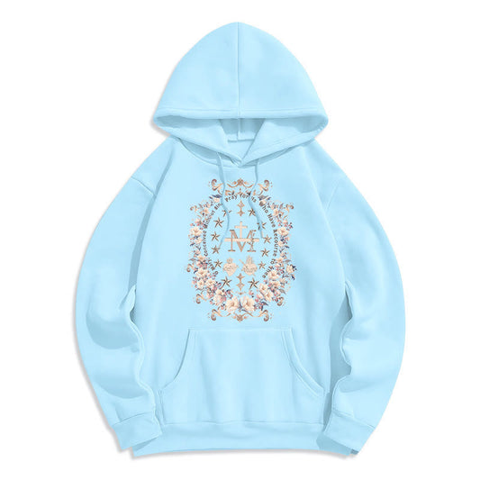 Modern Style Floral Cross Virgin Mary Fleece Lined Polyester Hoodie