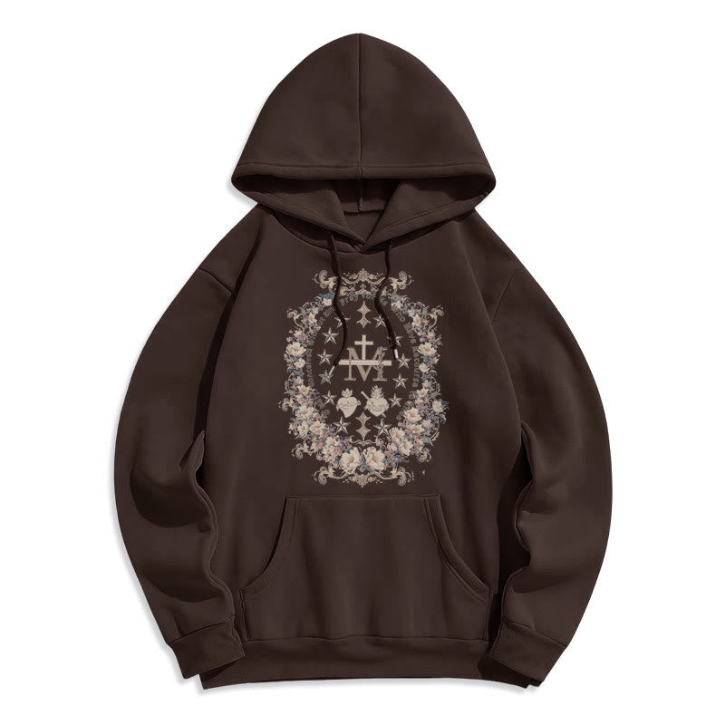 Modern Style Floral Cross Virgin Mary Fleece Lined Polyester Hoodie
