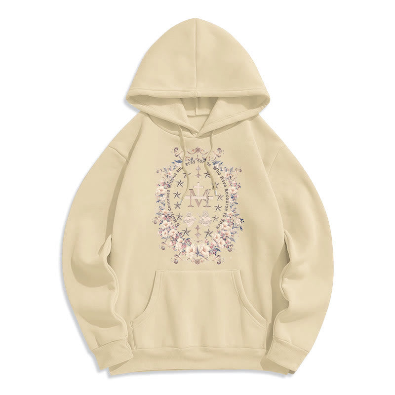 Modern Style Floral Cross Virgin Mary Fleece Lined Polyester Hoodie