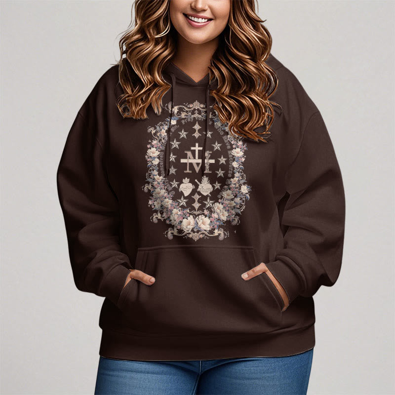 Modern Style Floral Cross Virgin Mary Fleece Lined Polyester Hoodie