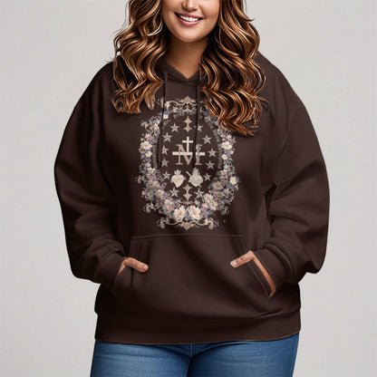 Modern Style Floral Cross Virgin Mary Fleece Lined Polyester Hoodie
