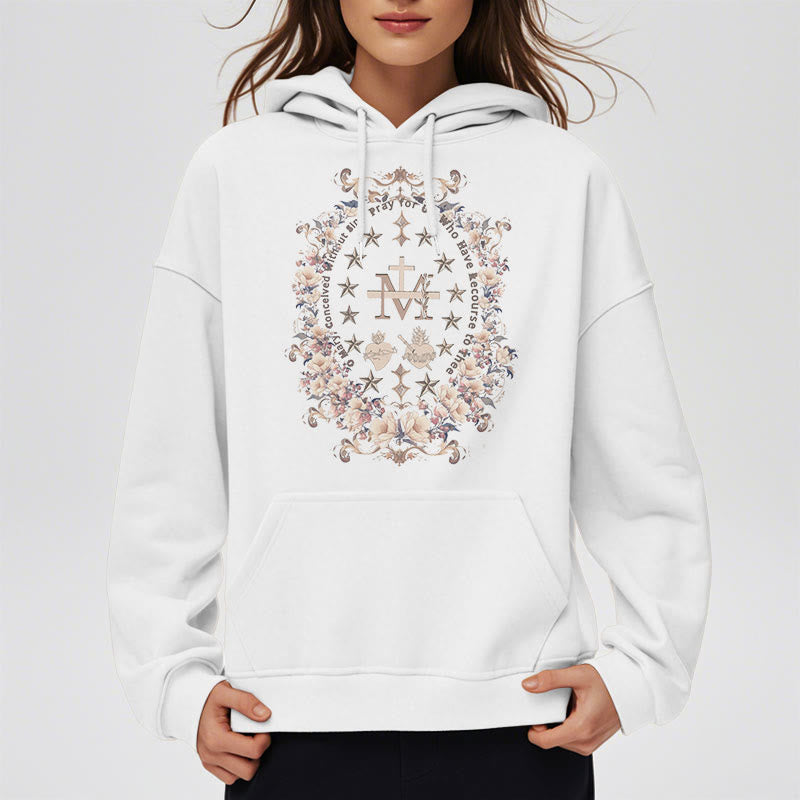 Modern Style Floral Cross Virgin Mary Fleece Lined Polyester Hoodie