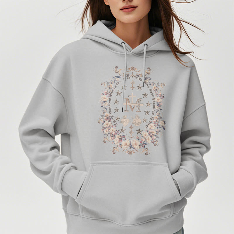 Modern Style Floral Cross Virgin Mary Fleece Lined Polyester Hoodie