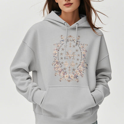 Modern Style Floral Cross Virgin Mary Fleece Lined Polyester Hoodie