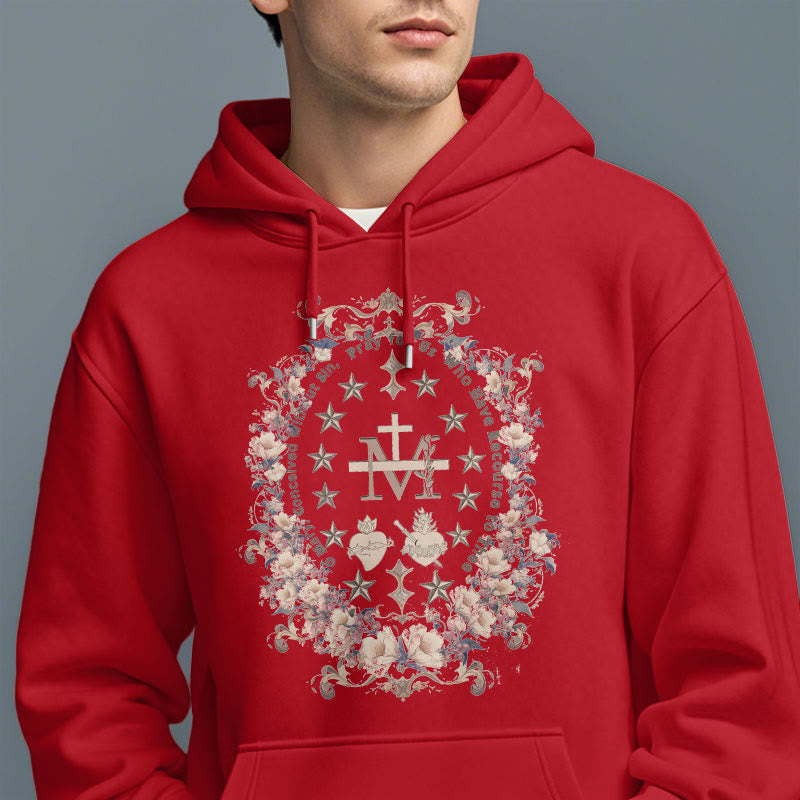 Modern Style Floral Cross Virgin Mary Fleece Lined Polyester Hoodie