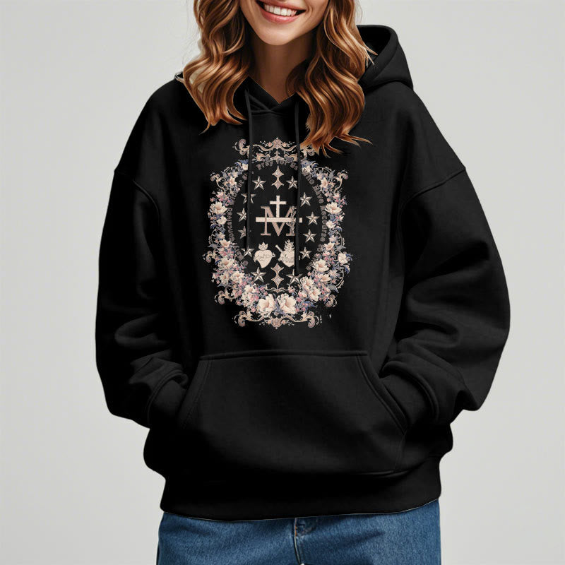 Modern Style Floral Cross Virgin Mary Fleece Lined Polyester Hoodie