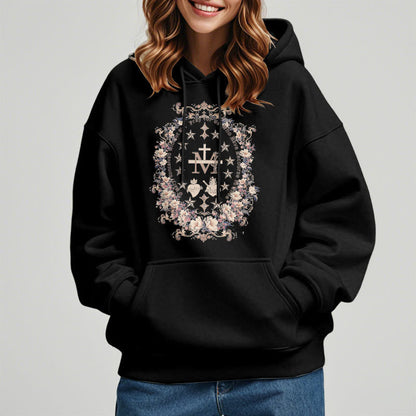 Modern Style Floral Cross Virgin Mary Fleece Lined Polyester Hoodie