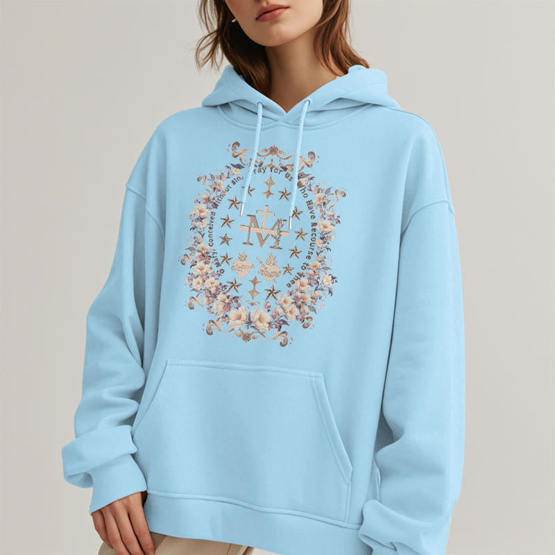 Modern Style Floral Cross Virgin Mary Fleece Lined Polyester Hoodie