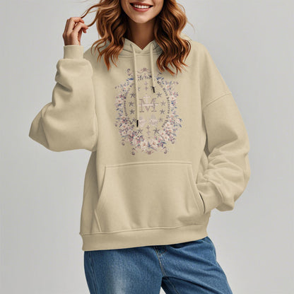 Modern Style Floral Cross Virgin Mary Fleece Lined Polyester Hoodie