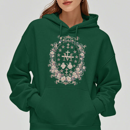 Modern Style Floral Cross Virgin Mary Fleece Lined Polyester Hoodie