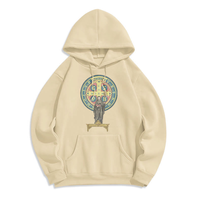 Classic Colored Style St. Benedict Medal Statue Fleece Lined Polyester Hoodie