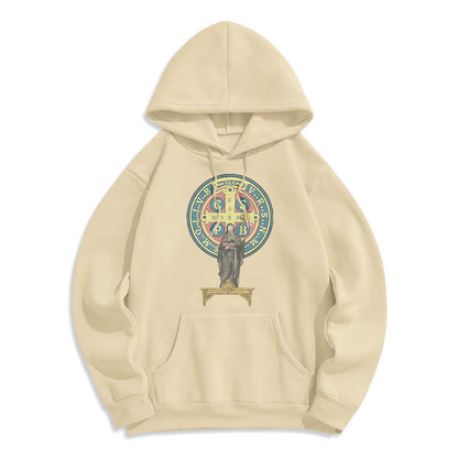Classic Colored Style St. Benedict Medal Statue Fleece Lined Polyester Hoodie