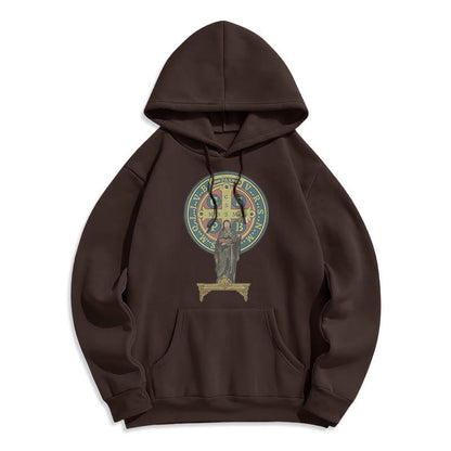 Classic Colored Style St. Benedict Medal Statue Fleece Lined Polyester Hoodie