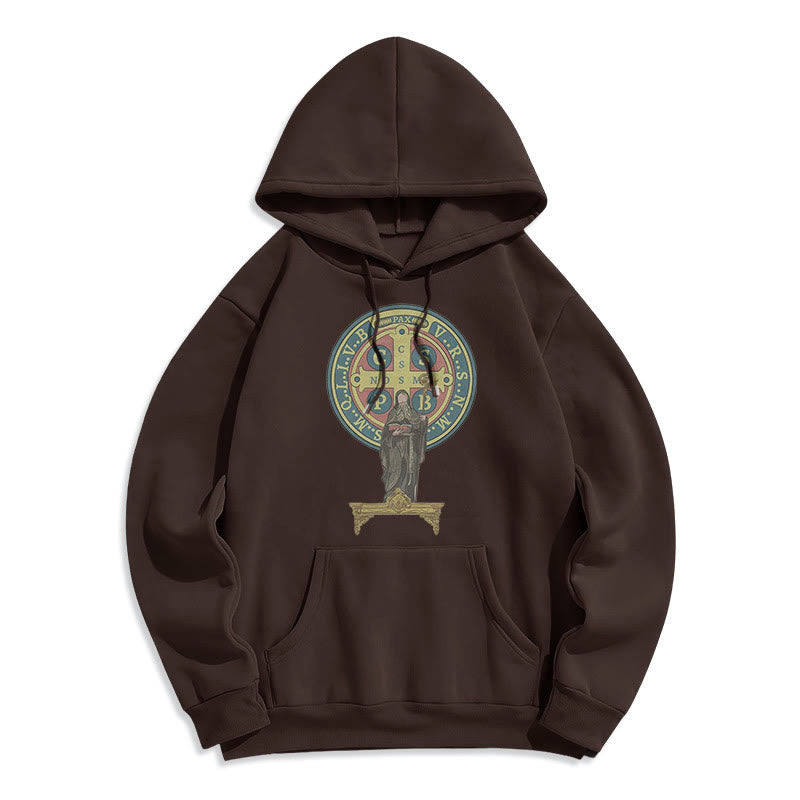 Classic Colored Style St. Benedict Medal Statue Fleece Lined Polyester Hoodie