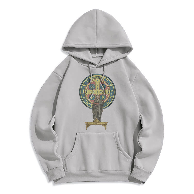 Classic Colored Style St. Benedict Medal Statue Fleece Lined Polyester Hoodie