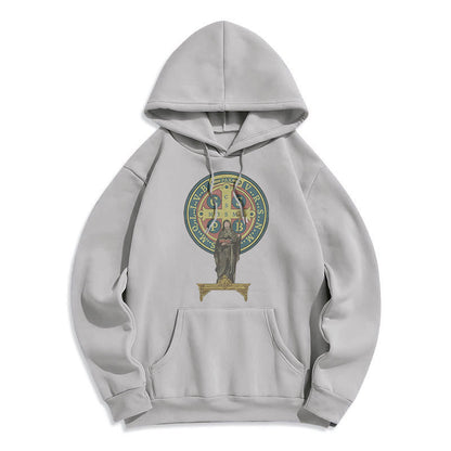 Classic Colored Style St. Benedict Medal Statue Fleece Lined Polyester Hoodie