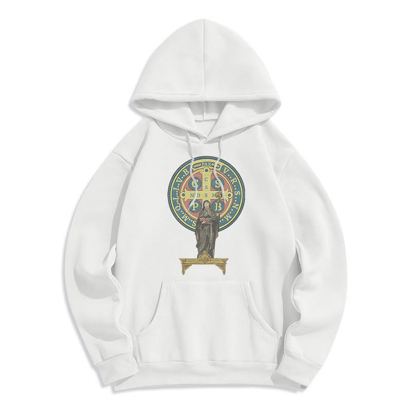 Classic Colored Style St. Benedict Medal Statue Fleece Lined Polyester Hoodie