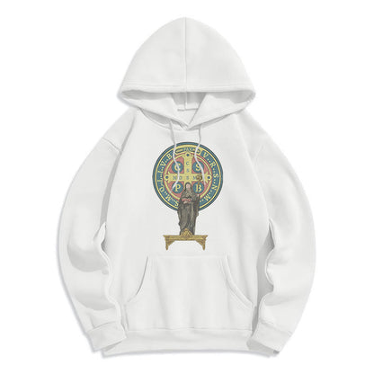 Classic Colored Style St. Benedict Medal Statue Fleece Lined Polyester Hoodie
