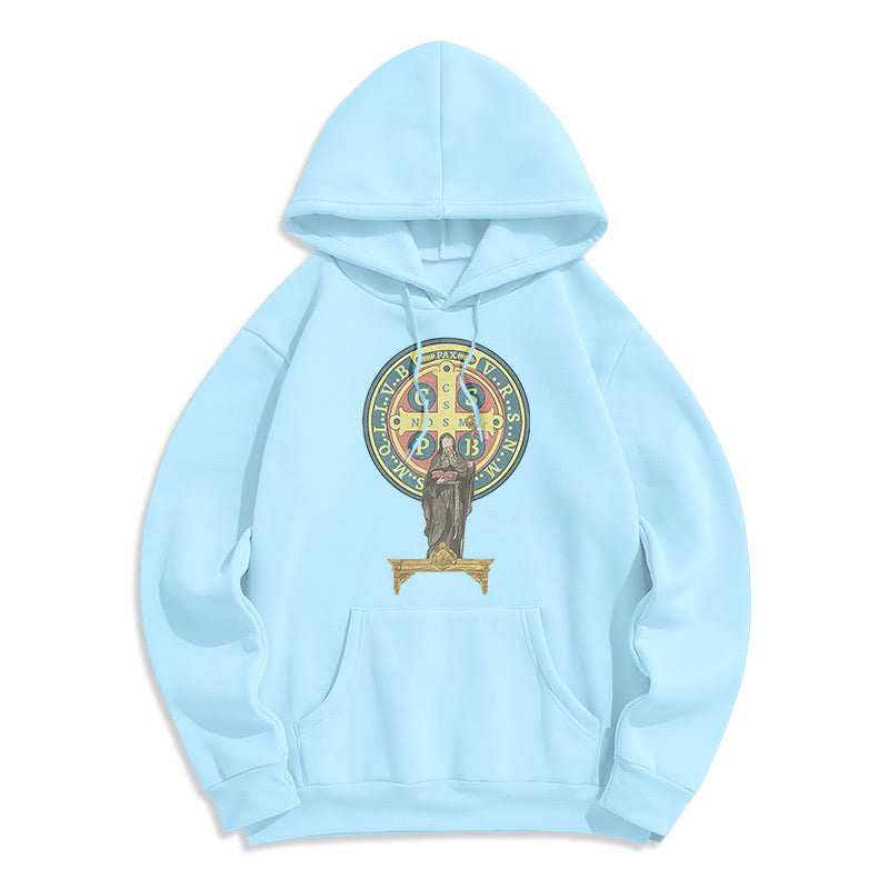 Classic Colored Style St. Benedict Medal Statue Fleece Lined Polyester Hoodie