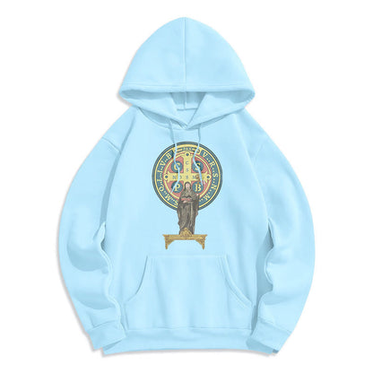 Classic Colored Style St. Benedict Medal Statue Fleece Lined Polyester Hoodie